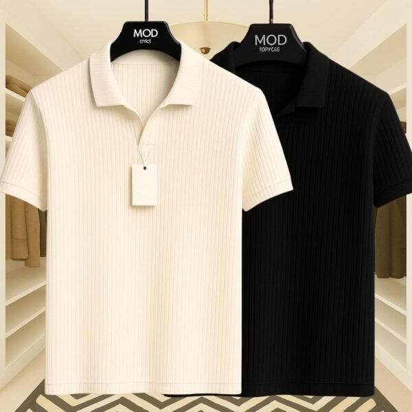 2 Pics Premium Rib Cotton Polo(Black,Off White) - Image 1