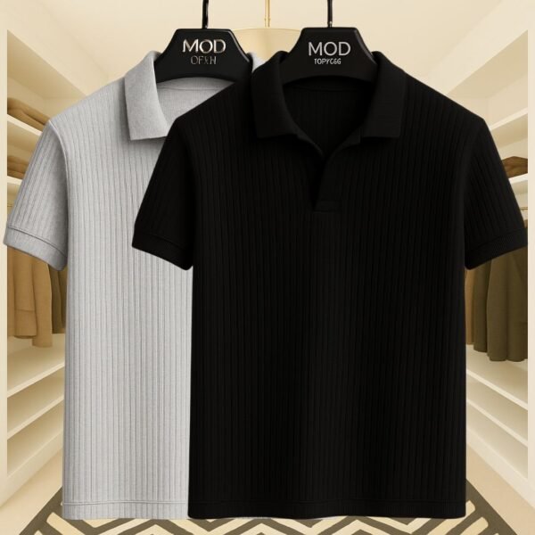 2 Pics Premium Rib Cotton Polo(Black,Ash) - Image 1