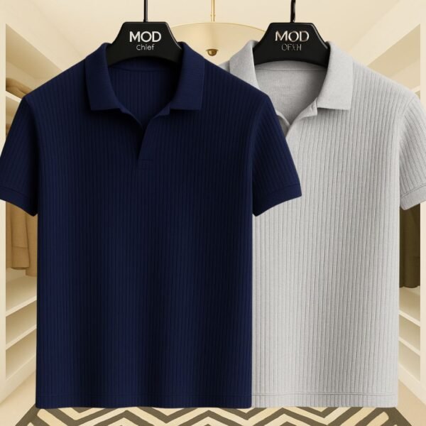 2 Pics Premium Rib Cotton Polo(Navi Blue,Ash) - Image 1