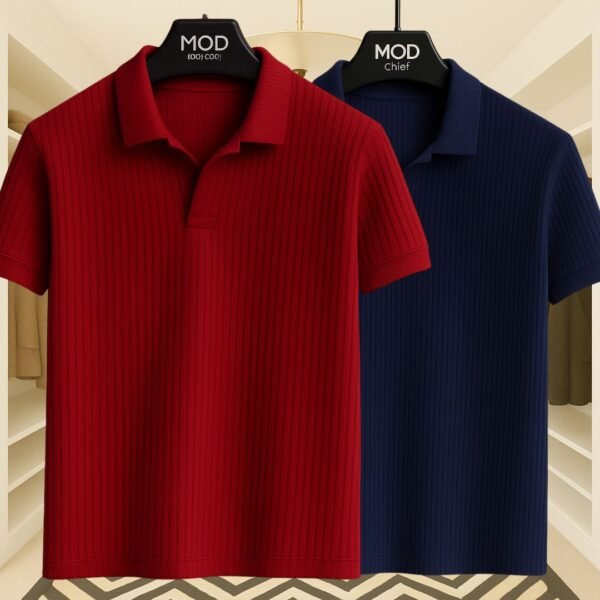 2 Pics Premium Rib Cotton Polo(Maroon,Navi Blue) - Image 1