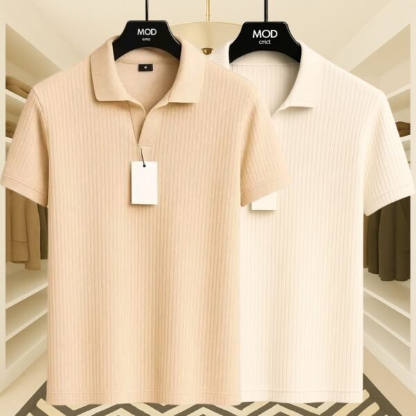 2 Pics Premium Rib Cotton Polo(Biscuit,Off White) - Image 1