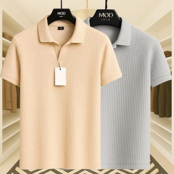 2 Pics Premium Rib Cotton Polo(Biscuit,Ash) - Image 1