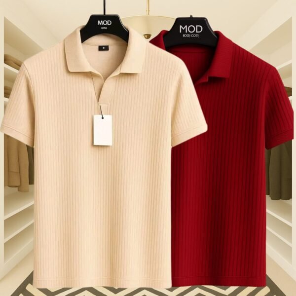 2 Pics Premium Rib Cotton Polo(Biscuit,Maroon) - Image 1