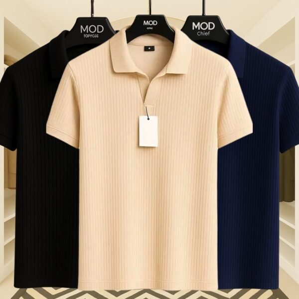 3 Pics Premium Rib Cotton Polo(Black,Biscuit,Navi Blue) - Image 1