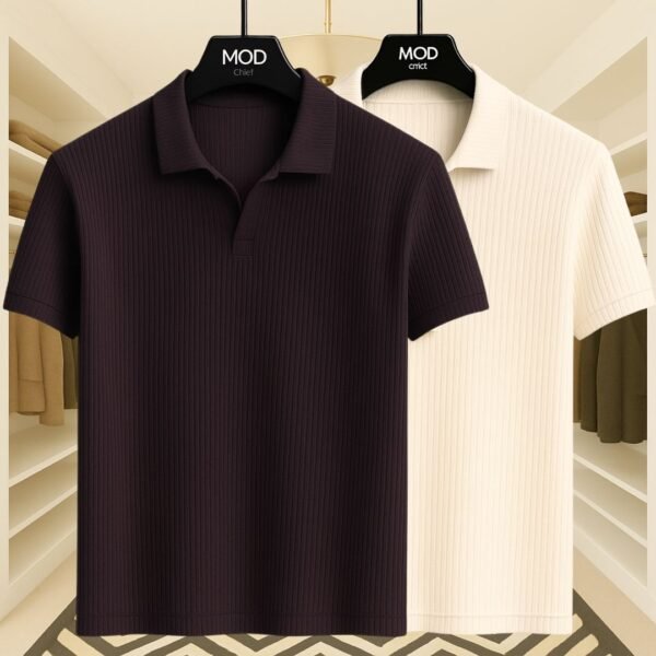 2 Pics Premium Rib Cotton Polo(Off White,Chocolate) - Image 1