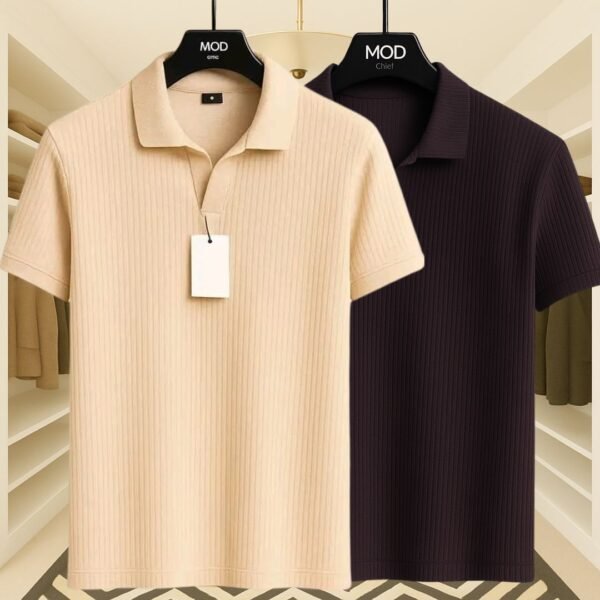 2 Pics Premium Rib Cotton Polo(Biscuit,Chocolate) - Image 1
