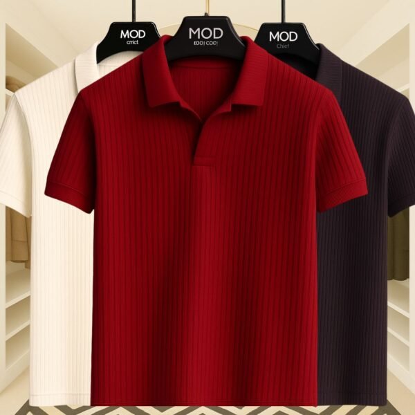 3 Pics Premium Rib Cotton Polo(Off White,Maroon,Coffee) - Image 1