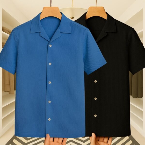 2 Pics Cuban Colar Cotton Crap Export Shirt(Black,Blue) - Image 1