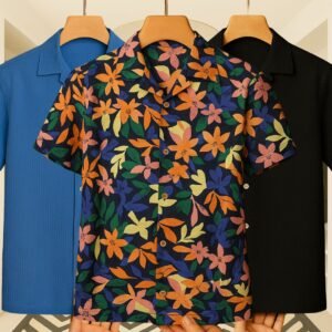 3 Pics Cuban Colar Cotton Crap & Linen Export Shirt Export Shirt(Black,Print,Blue)