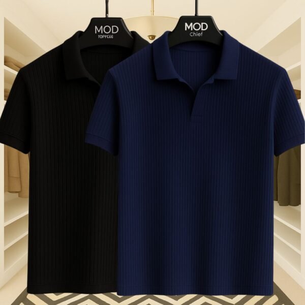 2 Pics Premium Rib Cotton Polo(Black,Navi Blue) - Image 1