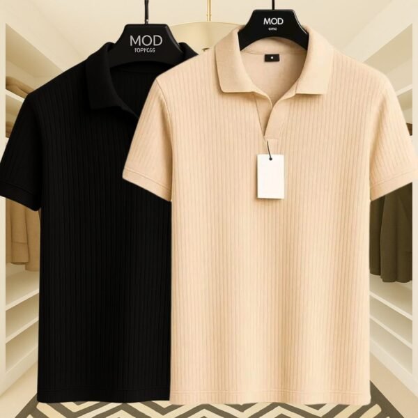 2 Pics Premium Rib Cotton Polo(Black,Biscuit) - Image 1