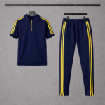 Men's Loose Fit Zipper Polo Shirt & Trouser Set - Blue