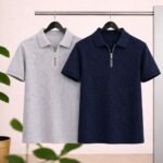 2 Pics Men’s Premium Waffle Zipper Polo(Ash,Blue)