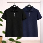 2 Pics Men’s Premium Waffle Zipper Polo(Black,Blue)