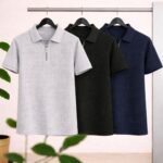 3 Pics Men’s Premium Waffle Zipper Polo(Ash,Black,Blue)