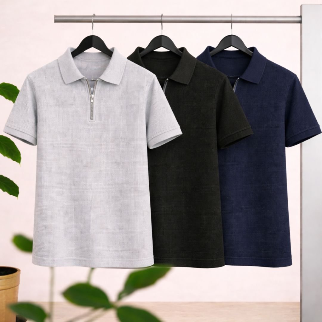 12 3 Pics Men’s Premium Waffle Zipper Polo(Ash,Black,Blue) - Image 1