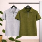 2 Pics Men’s Premium Waffle Zipper Polo(Ash,Olive)
