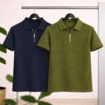 2 Pics Men’s Premium Waffle Zipper Polo(Blue,Olive)