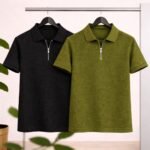 2 Pics Men’s Premium Waffle Zipper Polo(Black,Olive)