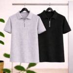 2 Pics Men’s Premium Waffle Zipper Polo(Ash,Black)