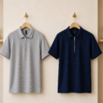 2 Pics Men’s Premium Waffle Zipper Polo(Ash,Blue)