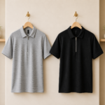 2 Pics Men’s Premium Waffle Zipper Polo(Ash,Black)