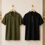 2 Pics Men’s Premium Waffle Zipper Polo(Black,Olive)