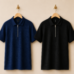 2 Pics Men’s Premium Waffle Zipper Polo(Black,Blue)