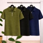 3 Pics Men’s Premium Waffle Zipper Polo(Olive,Black,Blue)