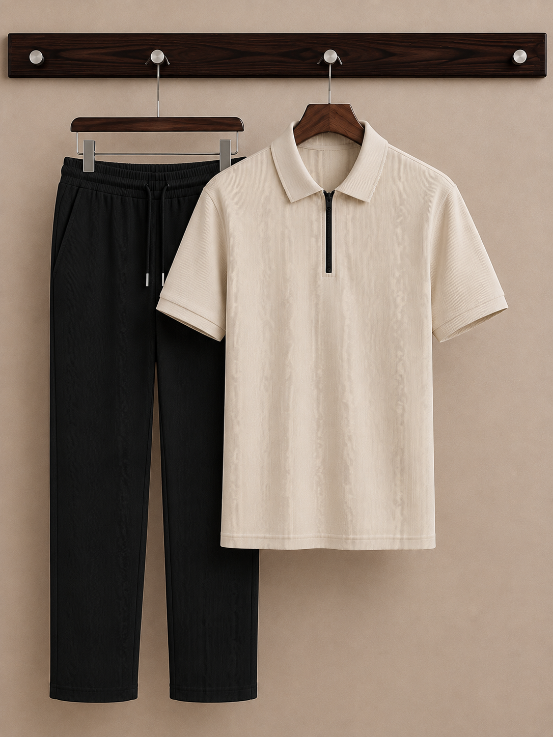 ChatGPT Image Aug 12, 2026, 10_33_52 PM Mens Premium Zipper Polo Set(Off White&Black) - Image 1
