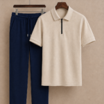 Mens Premium Zipper Polo Set(Off White&Blue