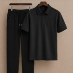 Mens Premium Zipper Polo Set(Black&Black)